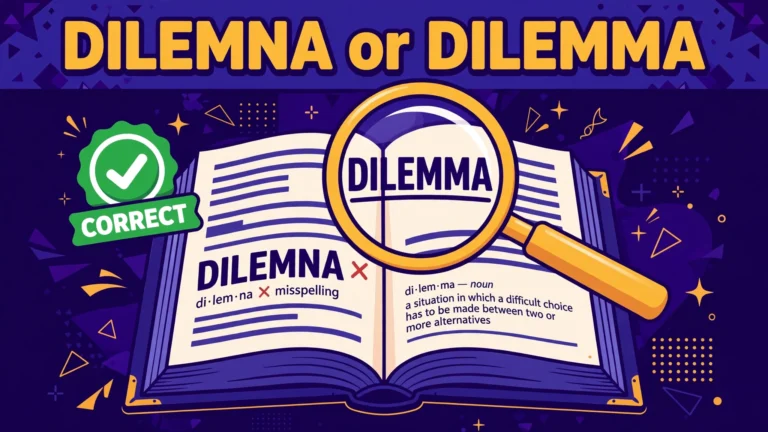 Dilemna or dilemma spelling comparison: dictionary page showing dilemma marked correct
