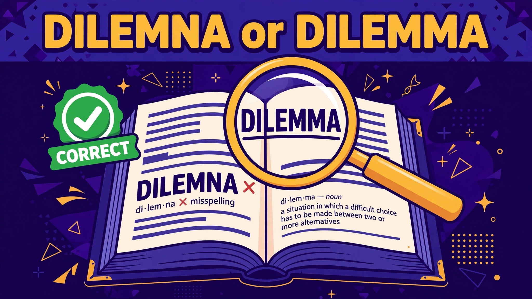 Dilemna or dilemma spelling comparison: dictionary page showing dilemma marked correct