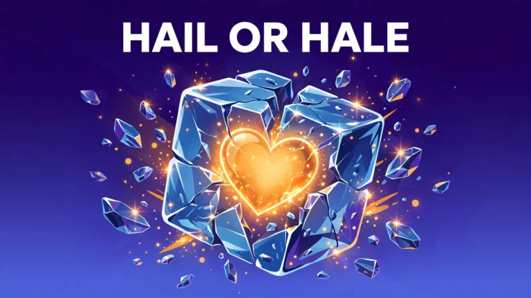 Illustration of cracked ice cubes bursting open to reveal a glowing golden heart, with the headline "Hail or Hale" above.