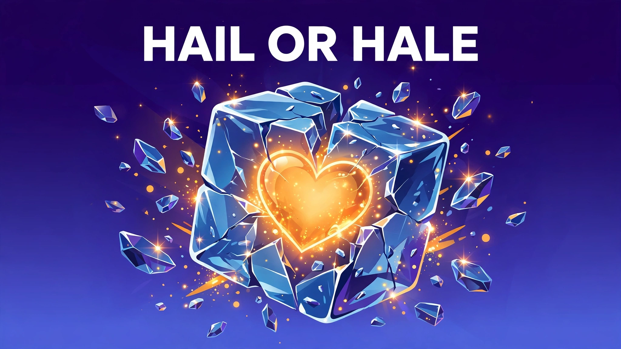 Illustration of cracked ice cubes bursting open to reveal a glowing golden heart, with the headline "Hail or Hale" above.