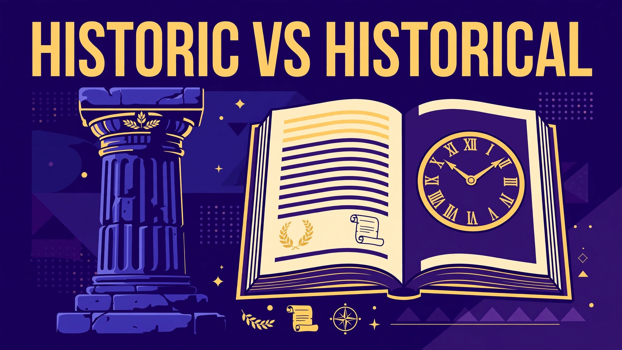 Historic vs historical: ancient column beside a history book with a clock