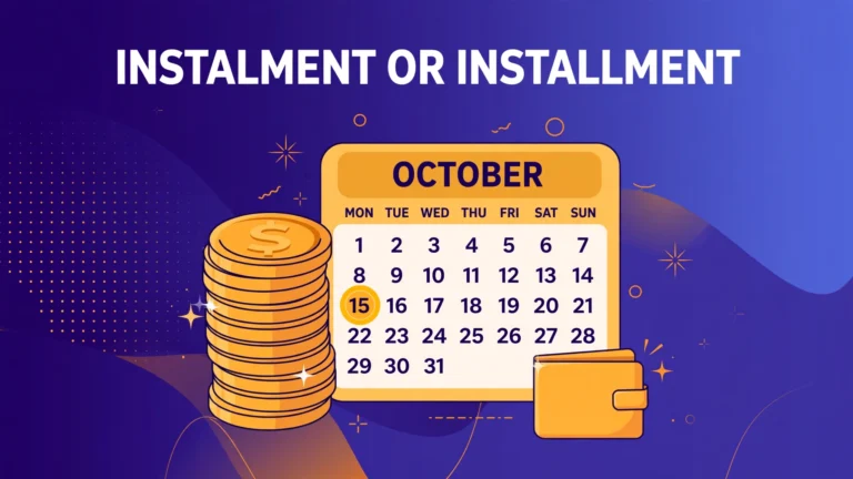 Illustration of a stack of gold coins beside an October calendar page with the 15th circled and a small wallet, with the headline "Instalment or Installment" above.