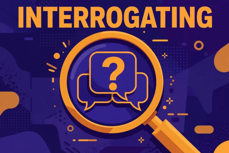 Interrogating Meaning – deep indigo illustration of a magnifying glass over speech bubbles with a question mark, headline INTERROGATING