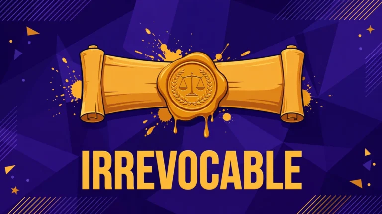 Flat illustration of an official document pressed with a golden wax seal, with the bold headline IRREVOCABLE, on a deep indigo background
