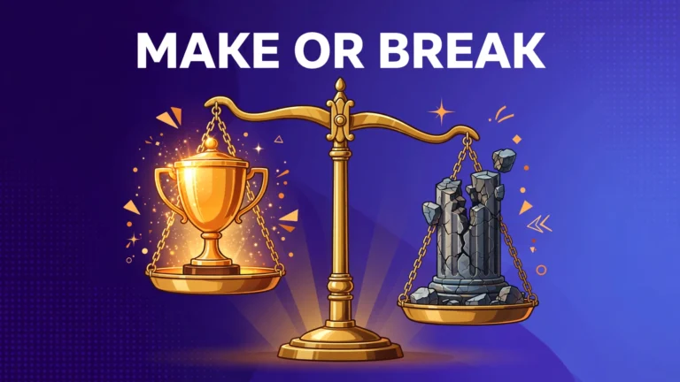Illustration of a golden balance scale holding a trophy on one side and a broken stone column on the other, with the headline "Make or Break" above.