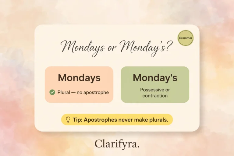Mondays or Monday's? — plural vs possessive infographic
