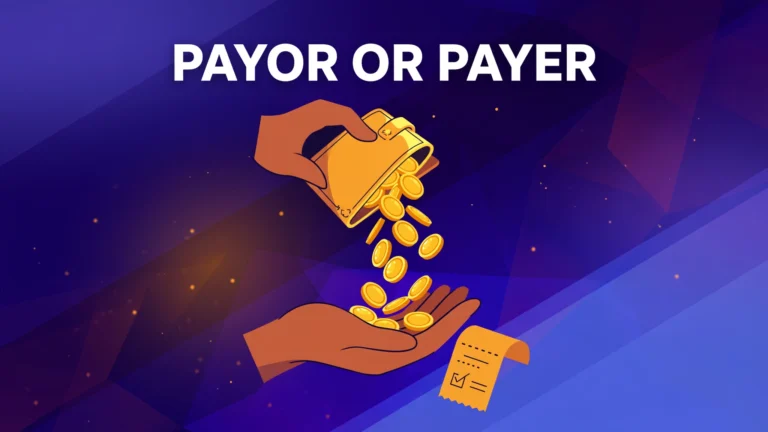 Illustration of a hand tipping gold coins from a wallet into an open palm, with a small receipt nearby and the headline "Payor or Payer" above.