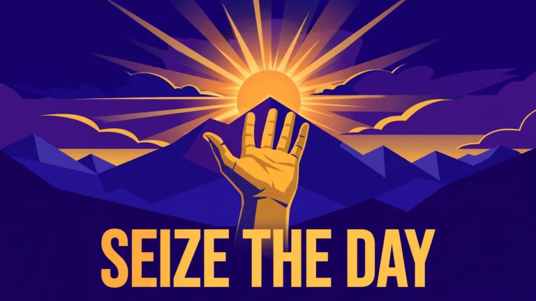 Flat illustration of an outstretched hand reaching toward a rising sun over mountains, with the bold headline SEIZE THE DAY, on a deep indigo background