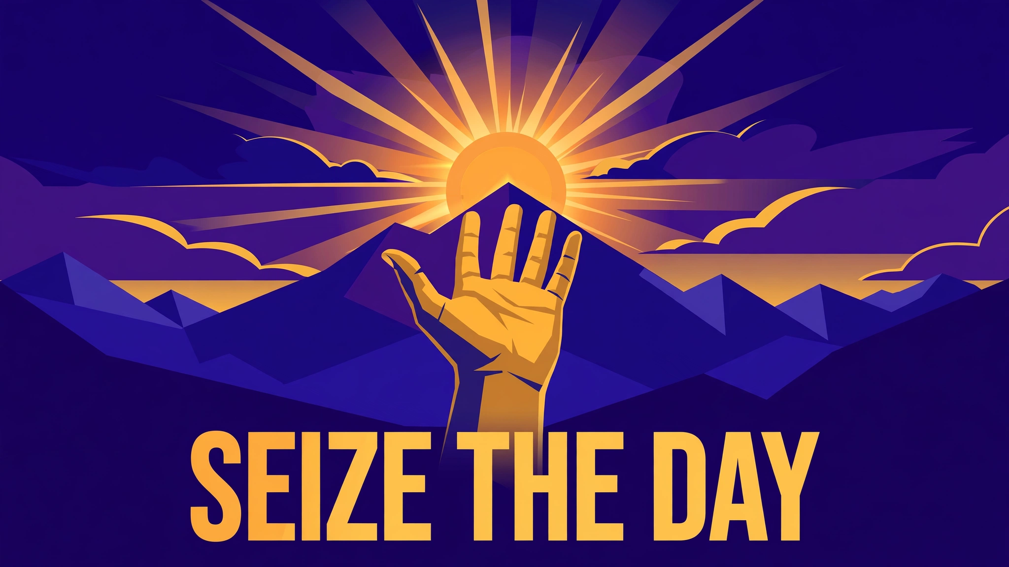 Flat illustration of an outstretched hand reaching toward a rising sun over mountains, with the bold headline SEIZE THE DAY, on a deep indigo background