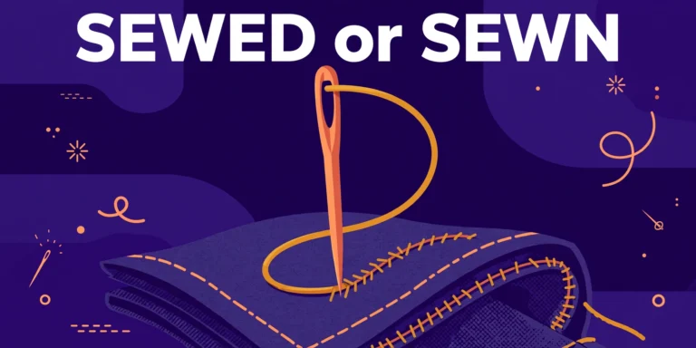 Sewed or sewn: a large sewing needle threading golden thread through fabric with visible stitches
