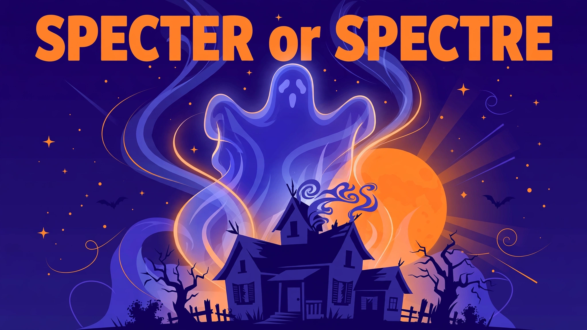 Specter or spectre: ghost rising over a haunted house under a full moon