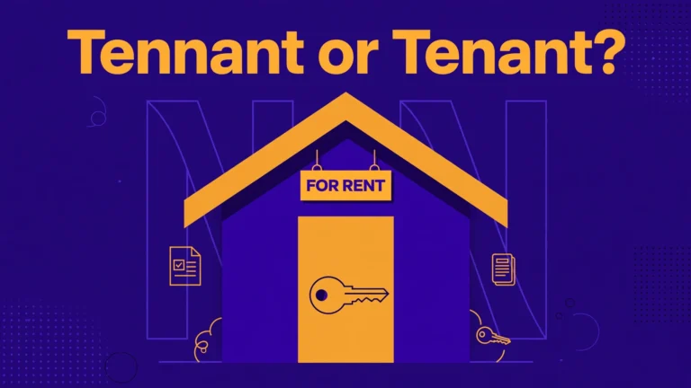 Featured image for "Tennant or Tenant?" showing a house front door with a key and a "FOR RENT" sign, illustrating a tenant renting a home.