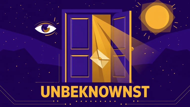 Flat illustration of a half-open door at night with a letter slipping through, with the bold headline UNBEKNOWNST, on a deep indigo background