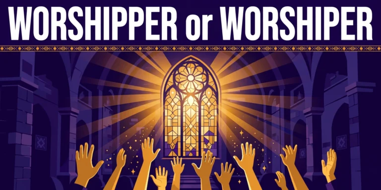 Worshipper or worshiper spelling comparison: glowing church interior with raised hands and a radiant stained-glass window